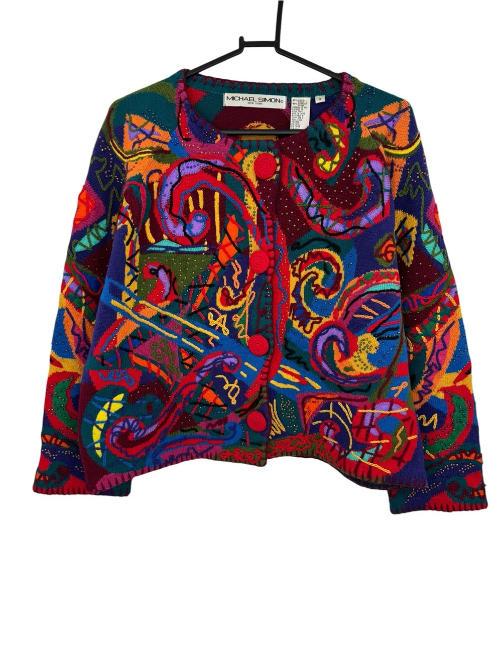 Vintage Michael Simon Squiggle Art Beaded Embroidered Sweater 2
